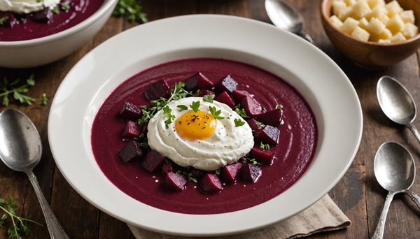 Découvrez l'art de préparer une exquise soupe de betteraves rôties garnie d'une onctueuse crème fraîche !